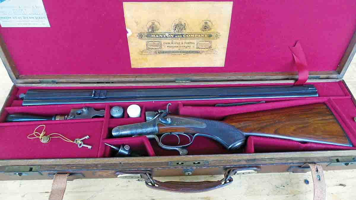 A .577 Manton rifle, chambered for the 3-inch case and regulated for a 590-grain bullet and 6 drams of powder. This rifle was retailed in India to a military captain.